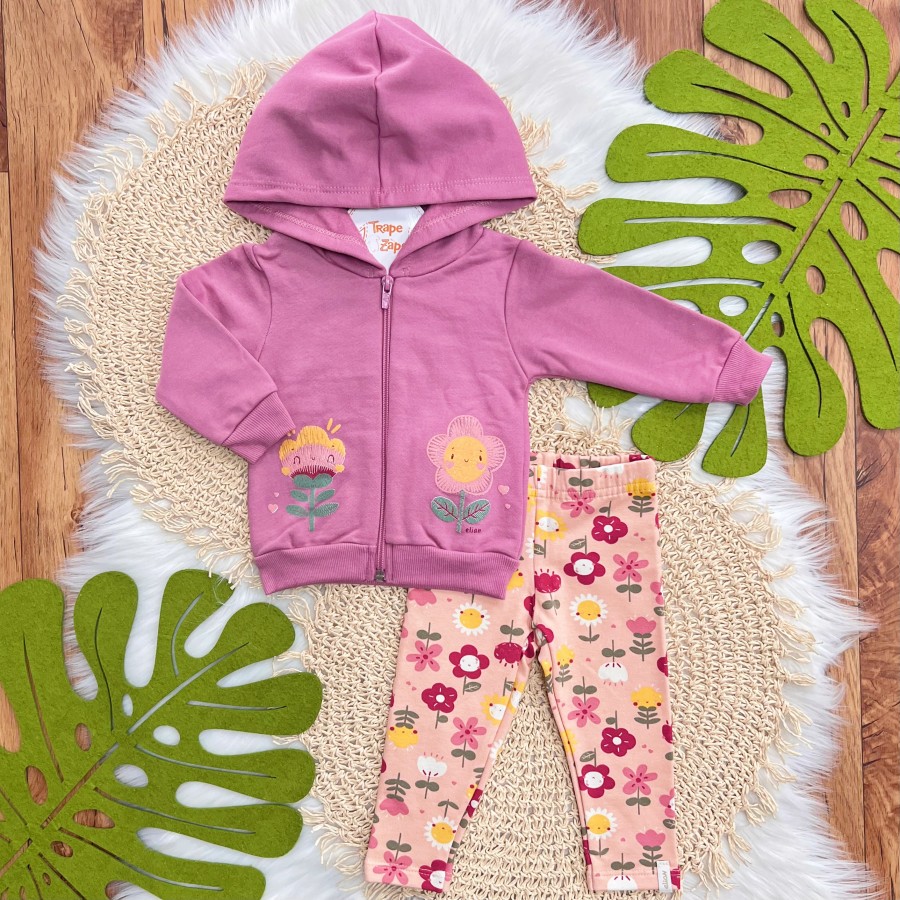 Conj. Jaqueta com Capuz Duas Florzinhas e Calça Legging - Uva e Pêssego 